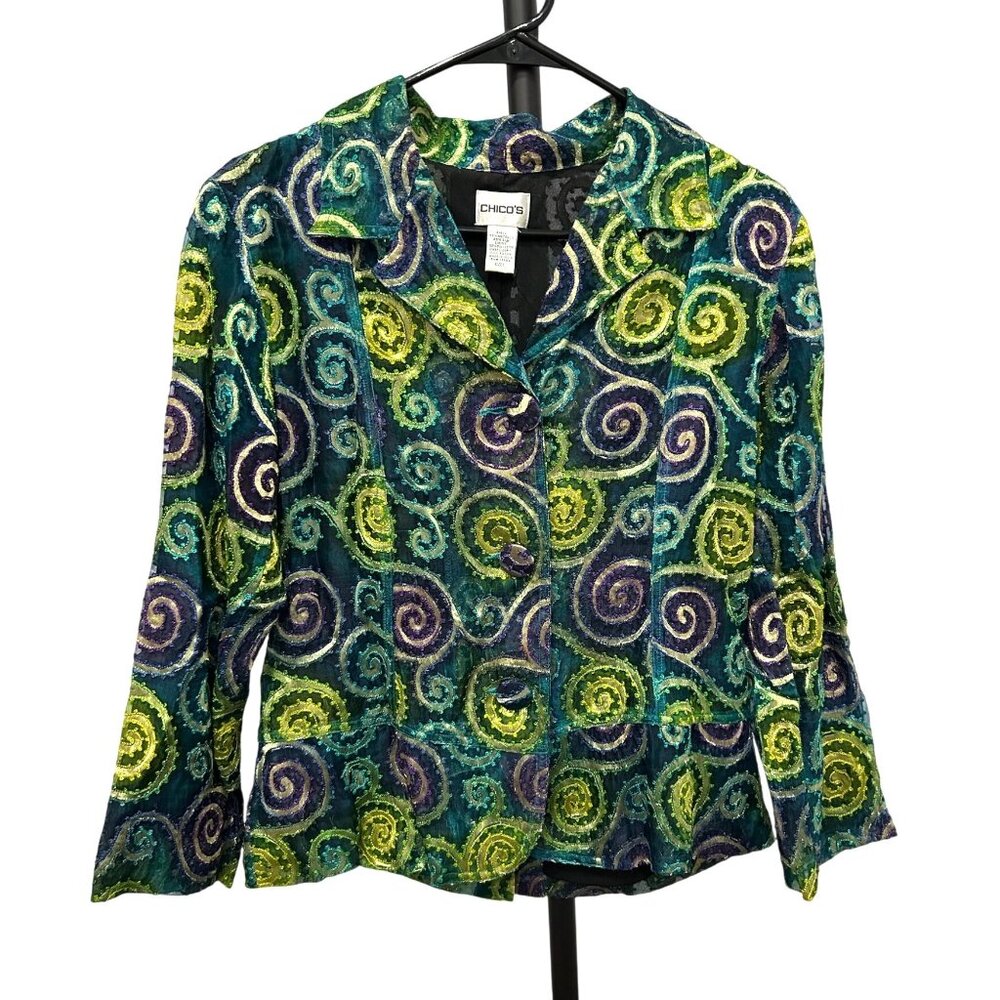 Chicos Metallic Embroidered Jacket Multicolor Spiral Design Sz Medium